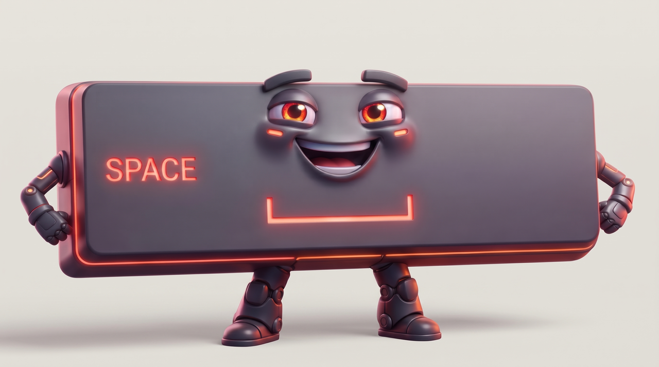 Spaces, a smiling graphite spacebar mascot with glowing orange details and robotic arms and boots